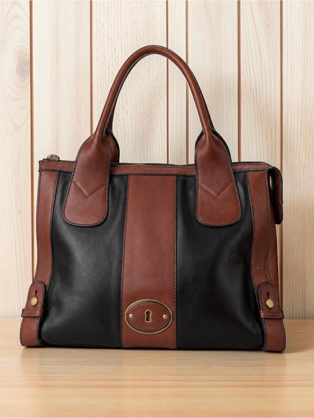 Vintage Fossil Genuine Leather Satchel Black Cognac Brown Brass Handbag
